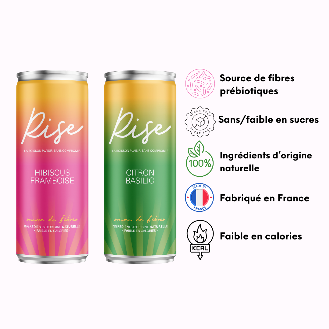 RISE DRINKS est une boisson saine, enrichie en fibres prébiotiques pour soutenir le système digestif. Améliorez votre digestion grâce à une boisson 100% d'origine naturelle et made in France.
Chaque canette contient 7,6g de fibres pour améliorer la digestion et soutenir le bon fonctionnement du microbiote intestinal.