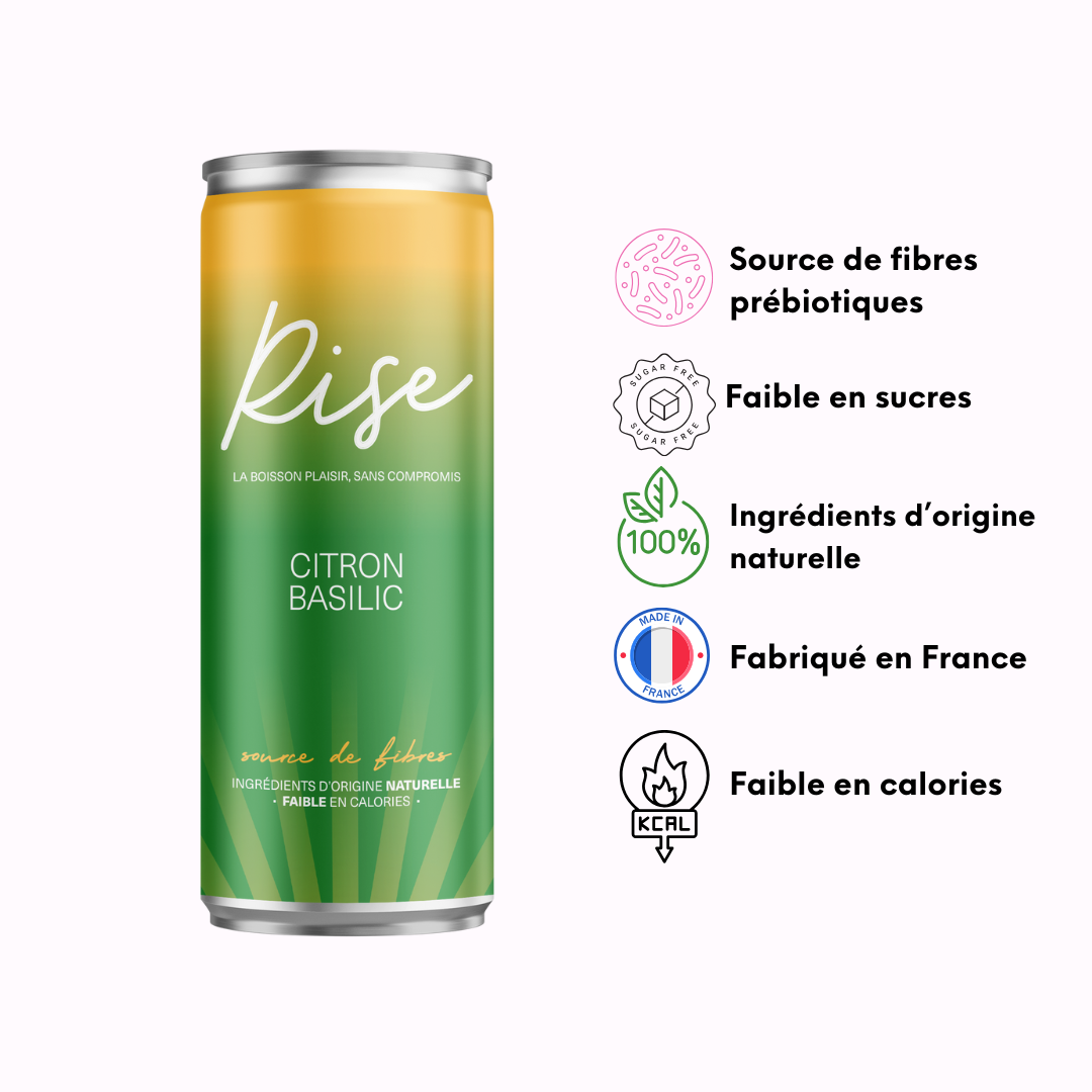 RISE DRINKS est une boisson saine, enrichie en fibres prébiotiques pour soutenir le système digestif. Améliorez votre digestion grâce à une boisson 100% d'origine naturelle et made in France.
Chaque canette contient 7,6g de fibres pour améliorer la digestion et soutenir le bon fonctionnement du microbiote intestinal.